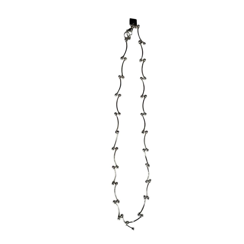 NINE WEST Silver Tone Station Necklace Ball Bead Curved Bark Link Chain Modern - Picture 4 of 9